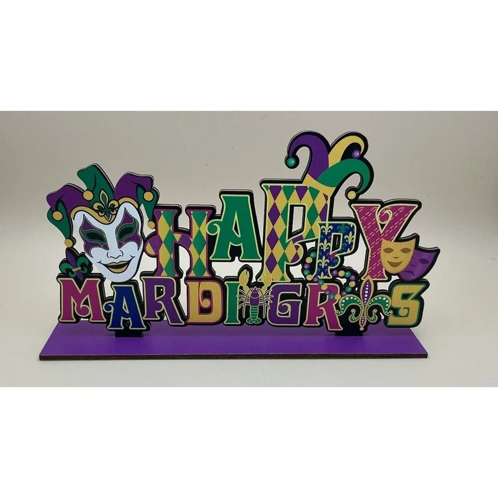 Mardi Gras 5 Festive Wooden‎ Table Top Signs w/Bases - NEW Open Bag